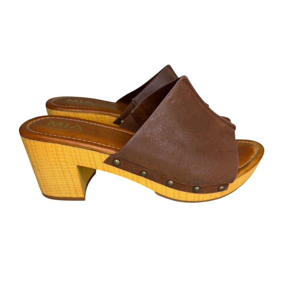 MIA Merel Brown Studded‎ Platform Cognac Clogs Wood Block Heel Slide Sandals 9M